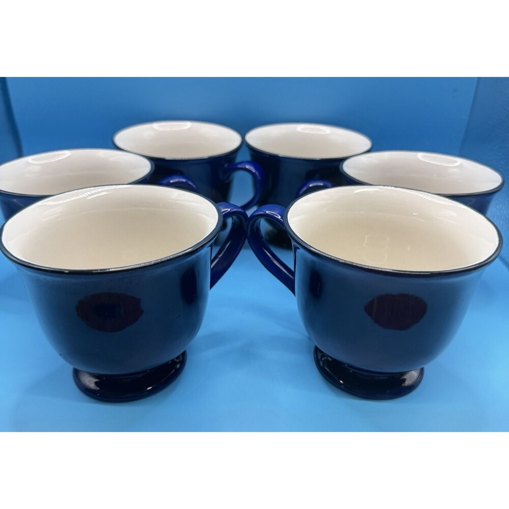 Set of 6 Cobalt Blue Pedestal Coffee Mugs Cups Cream Interior Footed Ceramic